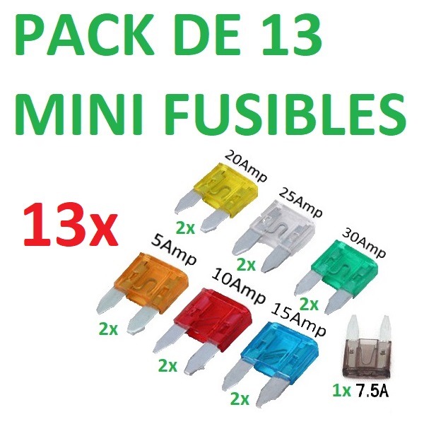 PACK DE 13 MINI FUSIBLES PARA COCHE FURGONETA CAMION TIPO CUCHILLA INCLUYE 2x 5A 1x 7,5A 2x 10A 2x 15A 2x 20A 2x 25A 2x 30A